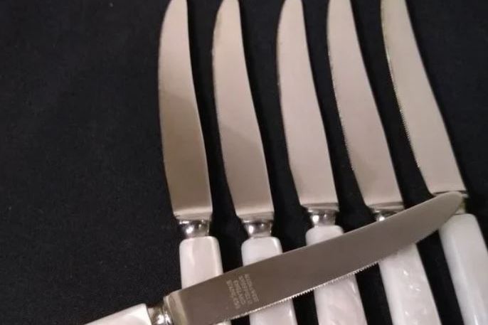 Vintage Sheffield Stainless Serving Knives With Pearled Lucite Handles Set of 6
